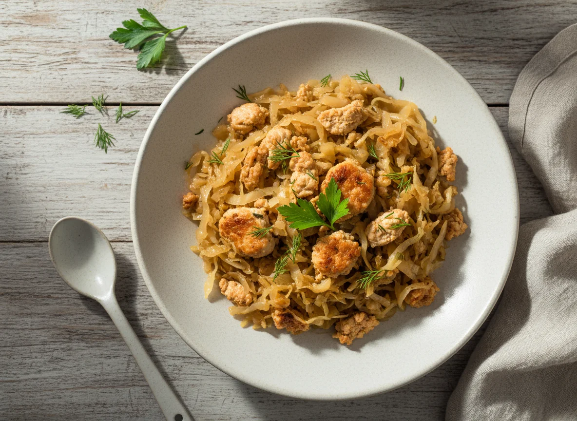 Тушеная капуста с куриным фаршем photo