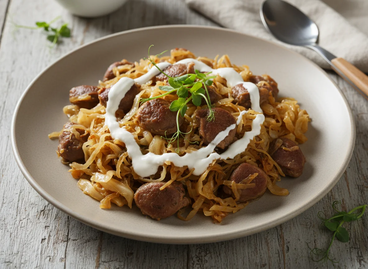 Тушеная капуста с куриными желудочками photo