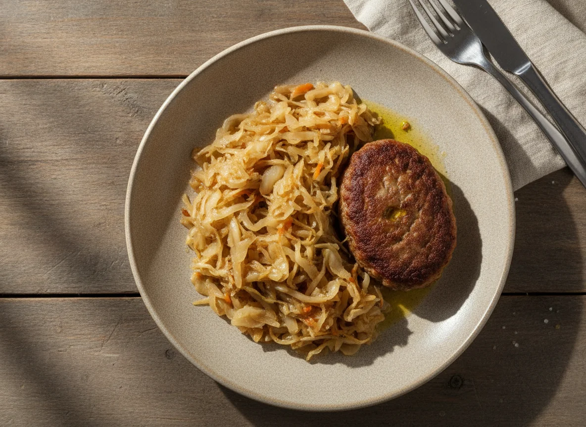 Тушеная капуста с мясной котлетой photo