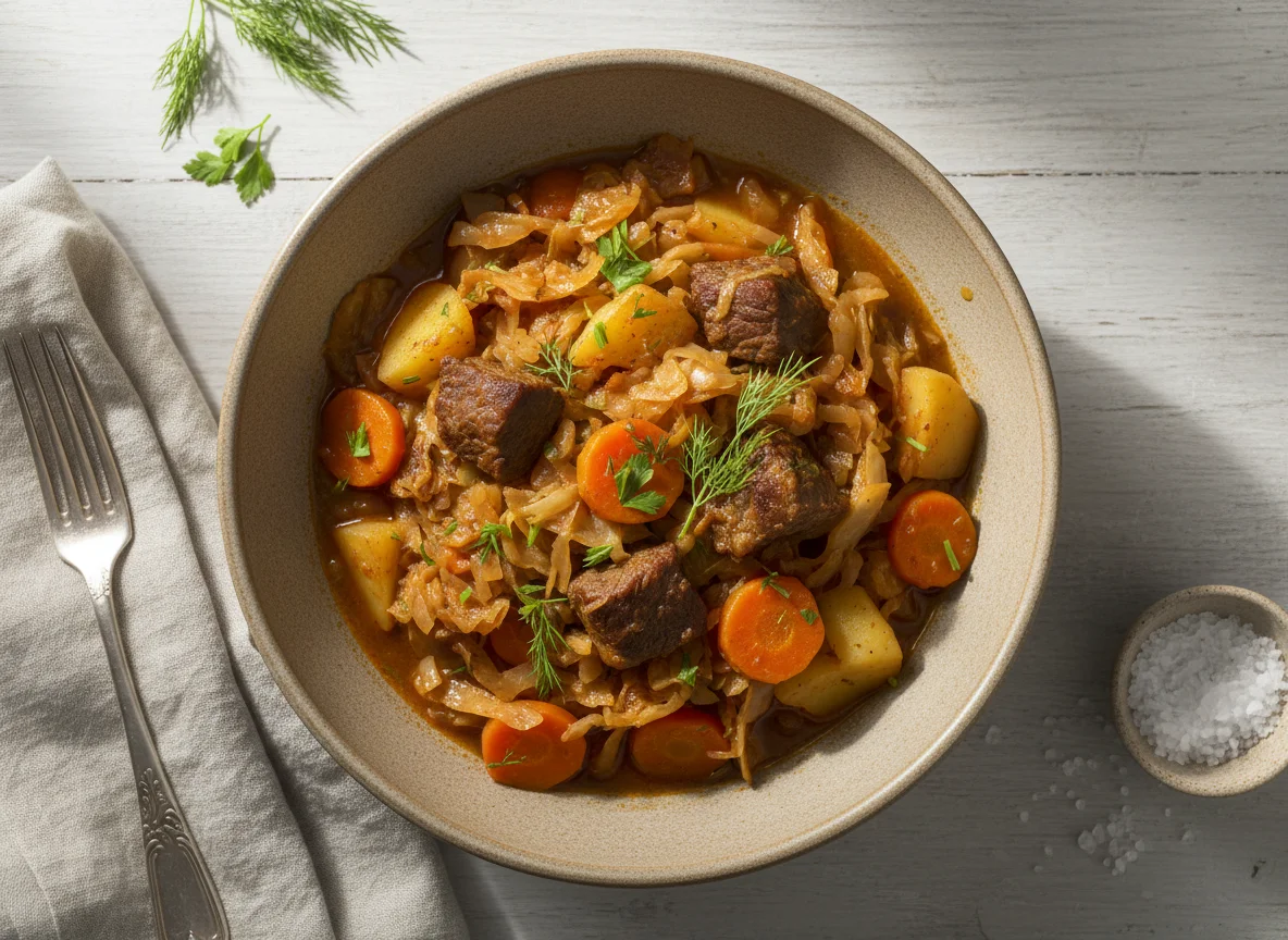 Тушеная капуста с мясом и овощами photo