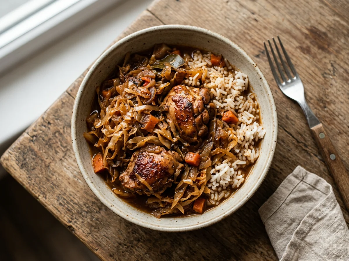 Тушеная капуста с мясом и рисом photo