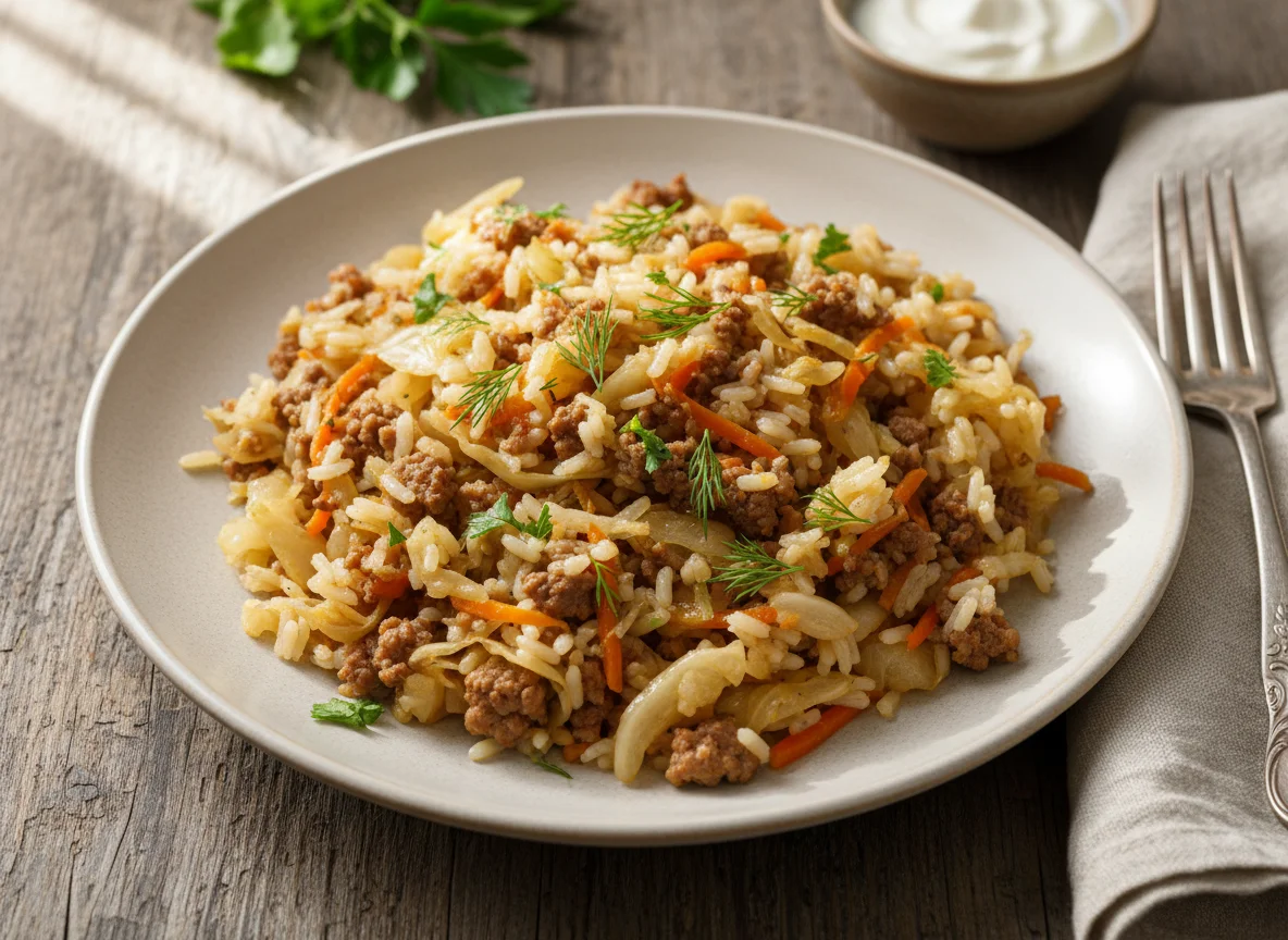 Тушеная капуста с рисом и фаршем photo