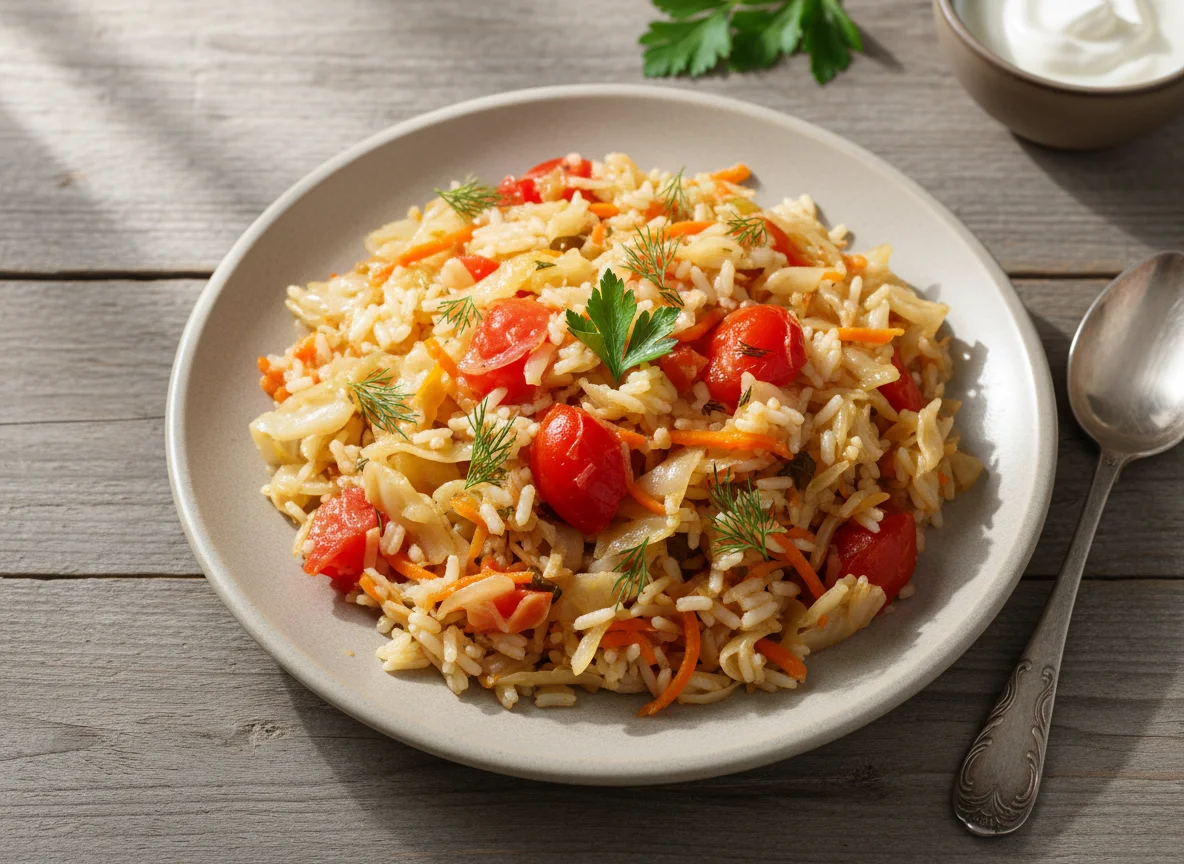 Тушеная капуста с рисом и овощами photo