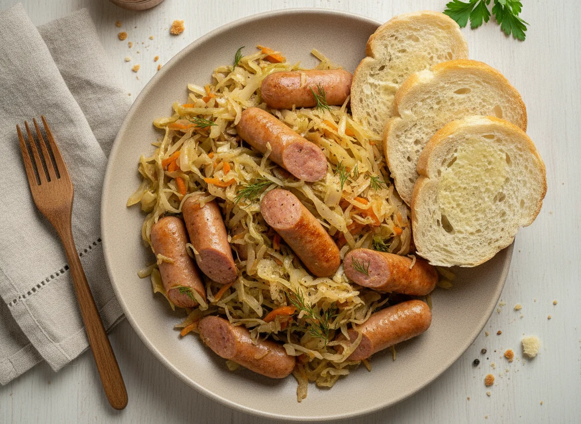 Тушеная капуста с сосисками и хлебом photo