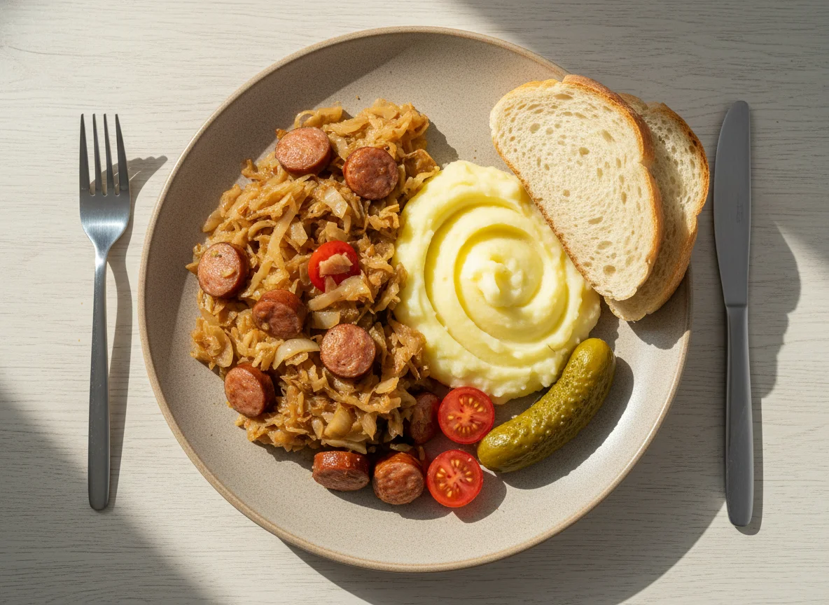 Тушеная капуста с сосисками, картофельным пюре и соленым огурцом photo