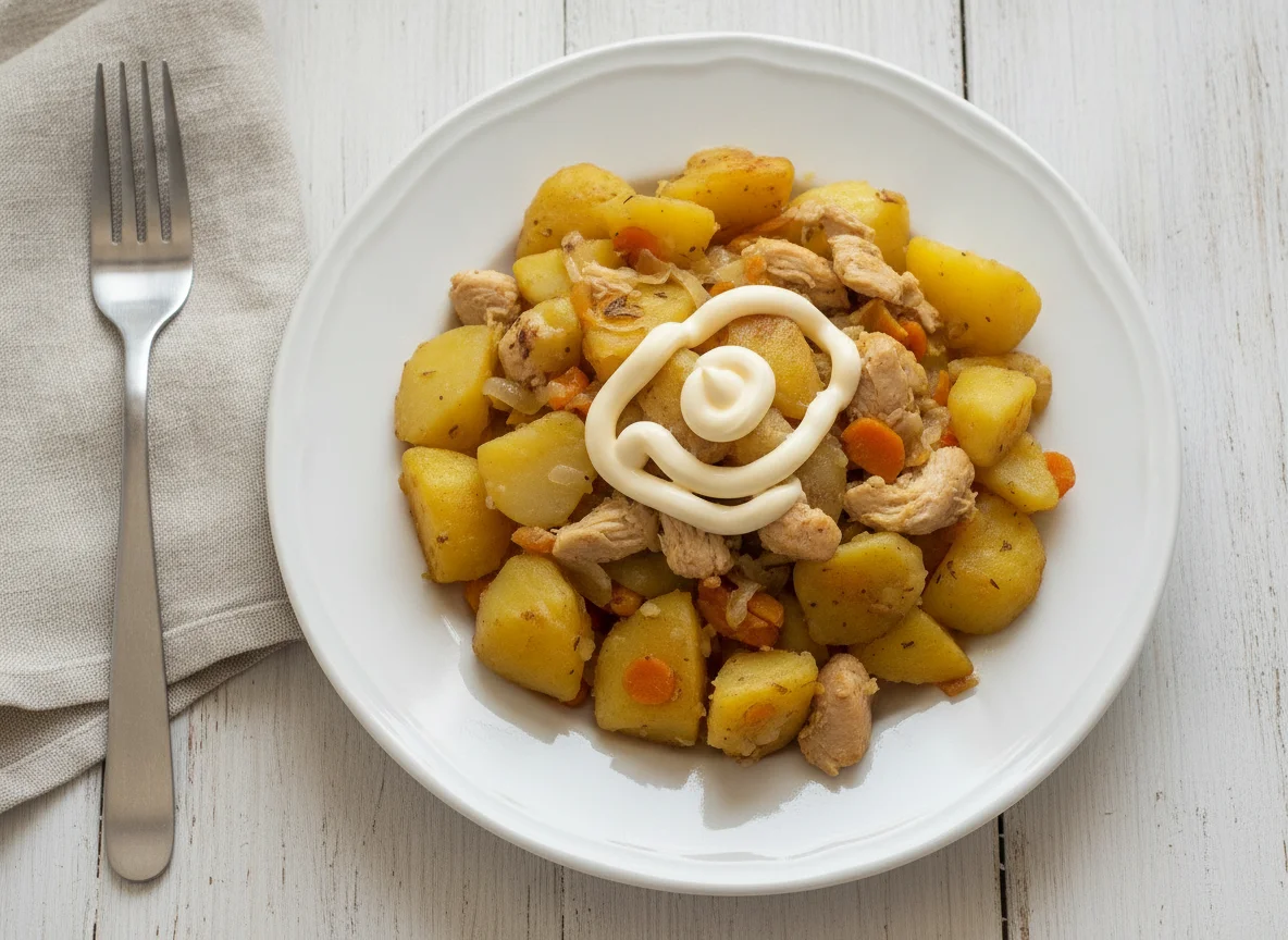 Тушеная картошка с курицей и майонезом photo