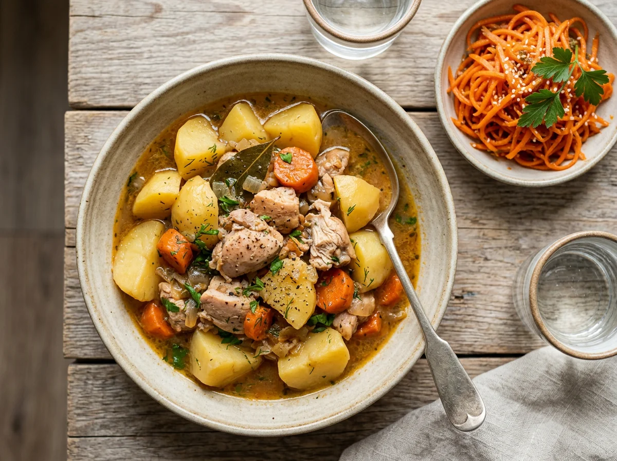 Тушеная картошка с курицей и морковью по-корейски photo