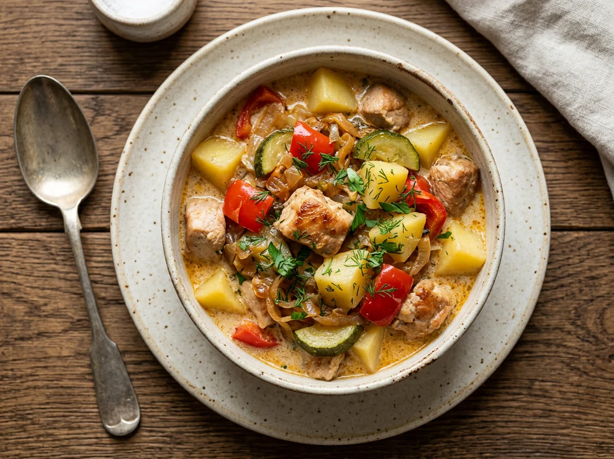 Тушеная картошка с курицей и овощами photo