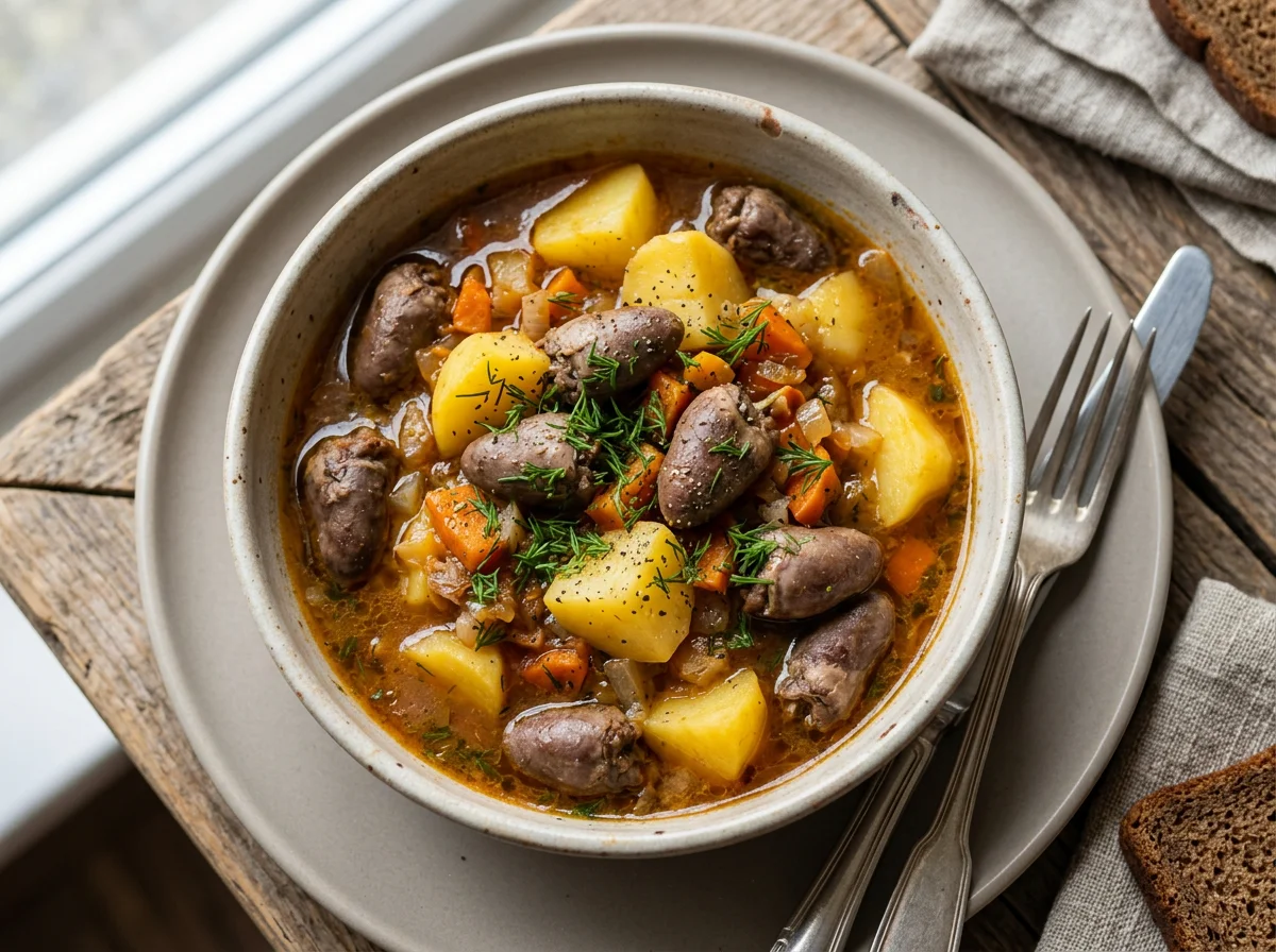 Тушеная картошка с куриными сердечками photo