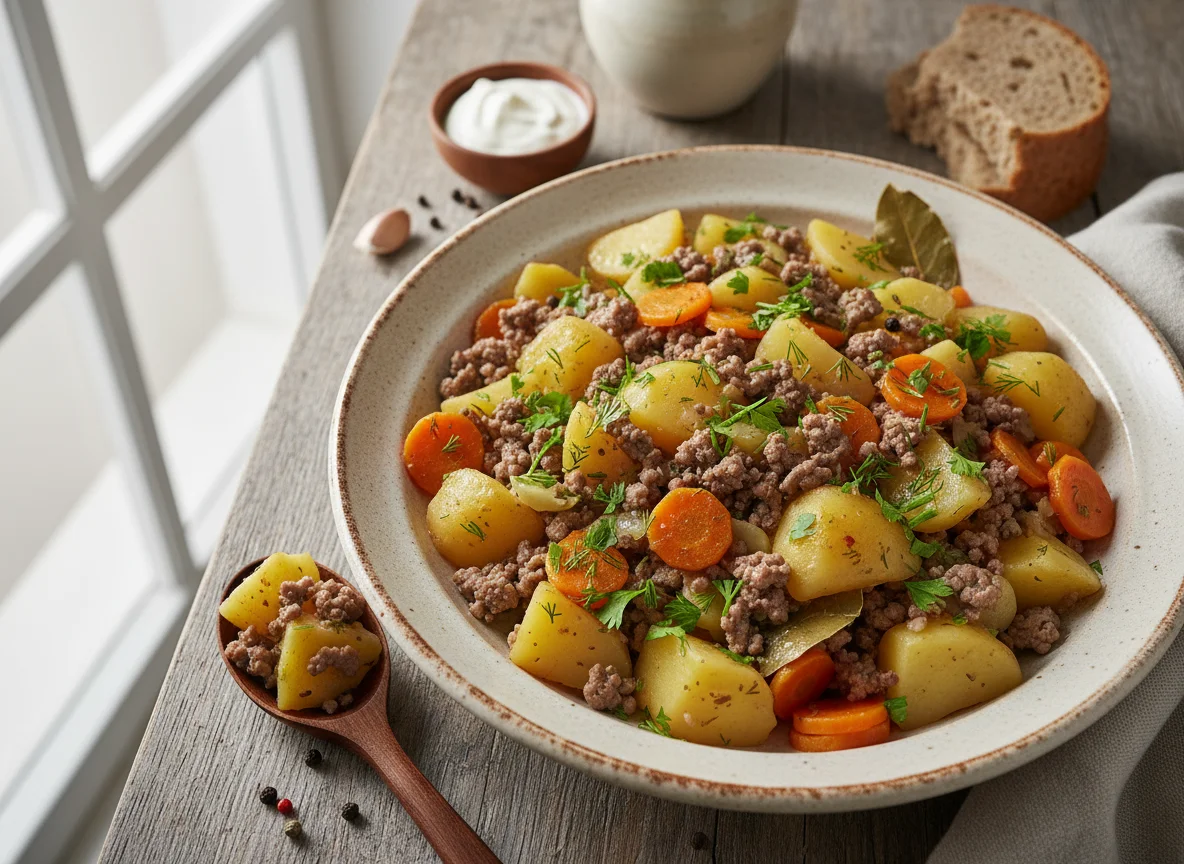 Тушеная картошка с мясным фаршем и морковью photo