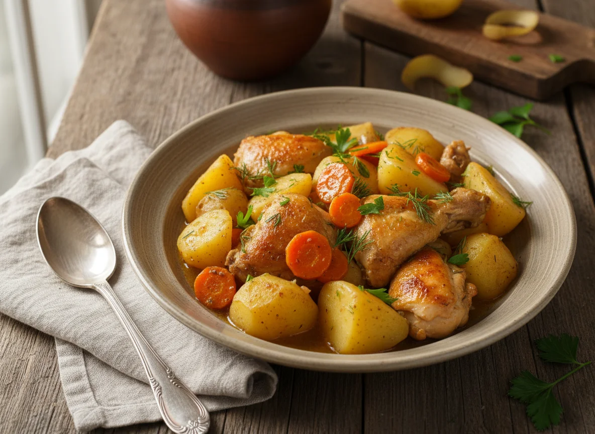 Тушеная картошка с мясом и овощами photo