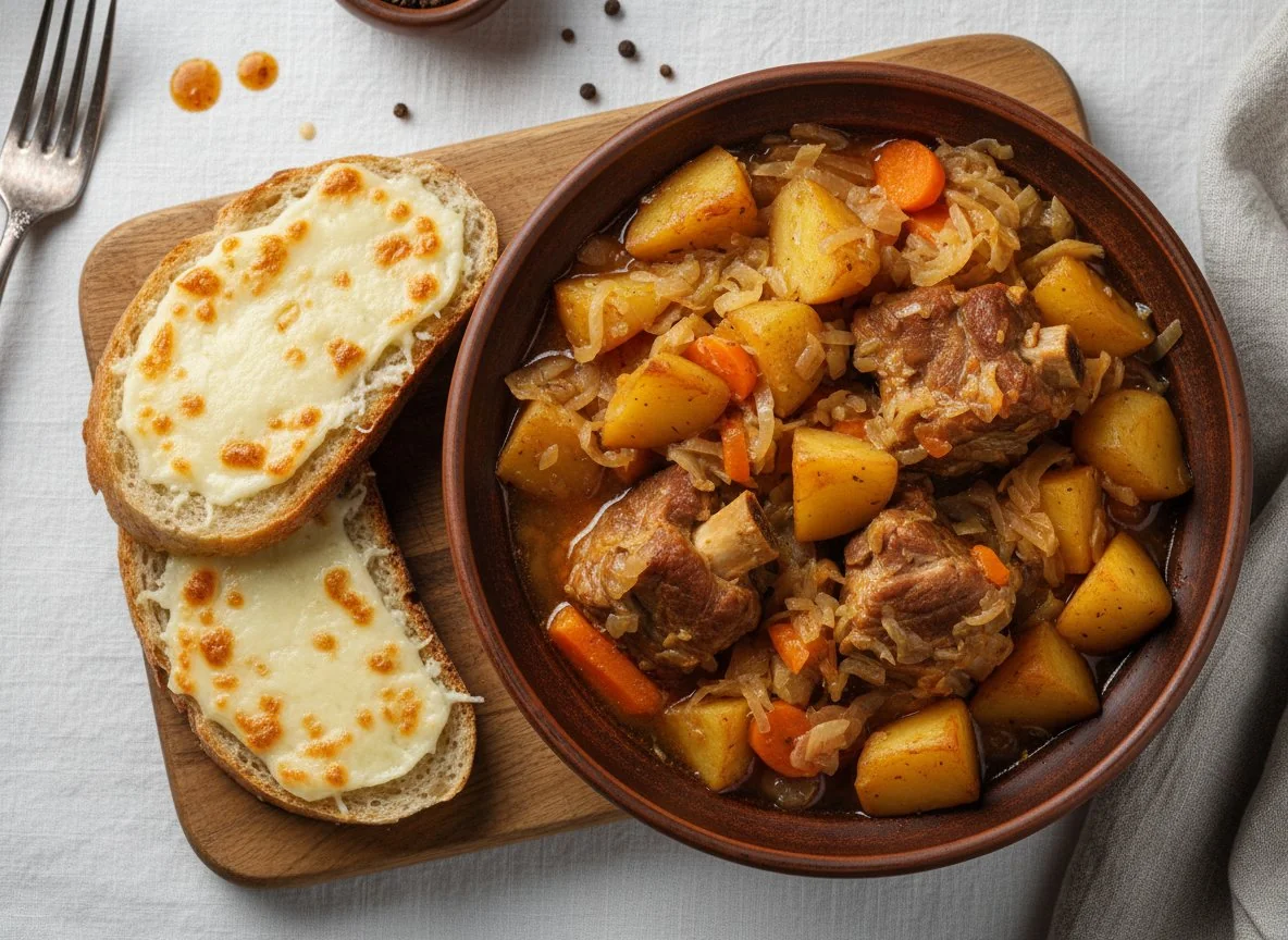 Тушеная картошка с мясом и овощами, хлеб с сыром photo