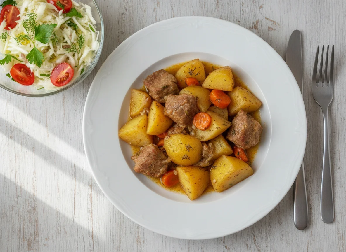 Тушеная картошка с мясом и овощной салат photo