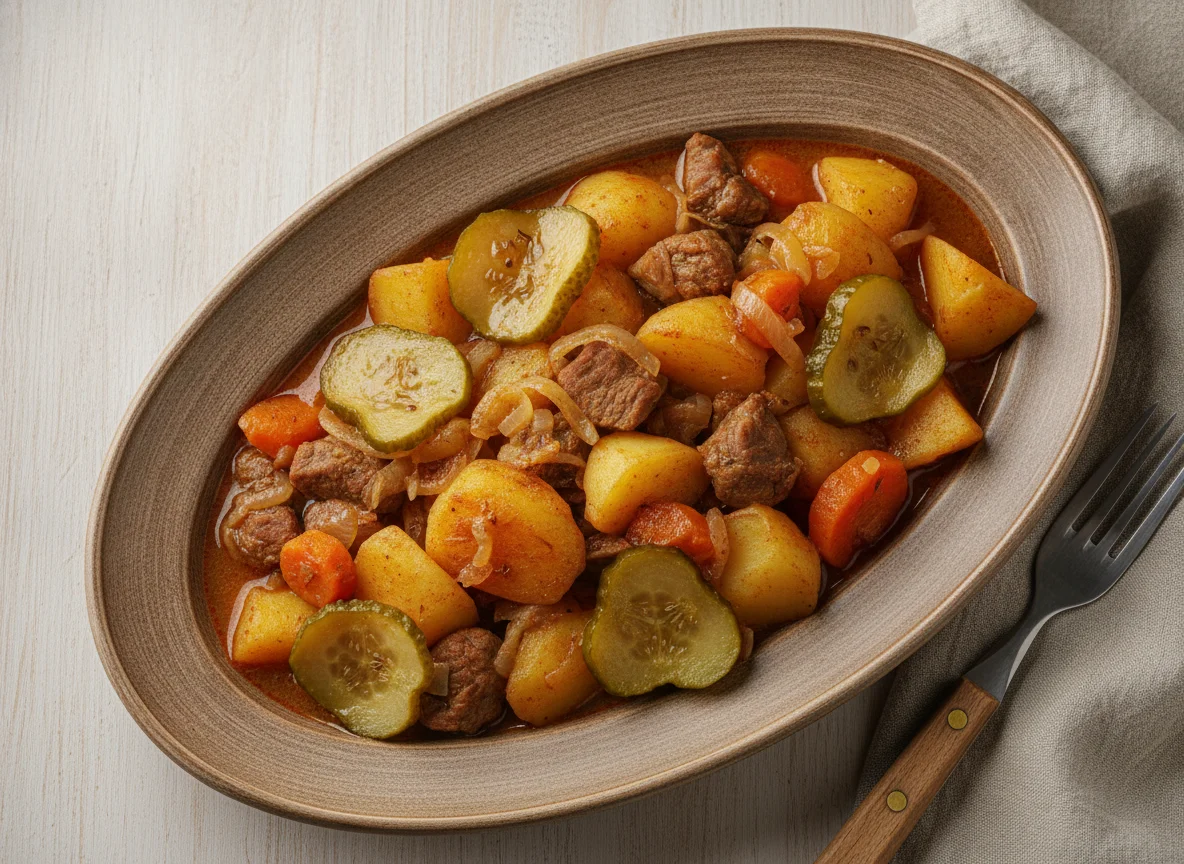 Тушеная картошка с мясом и солеными огурцами photo