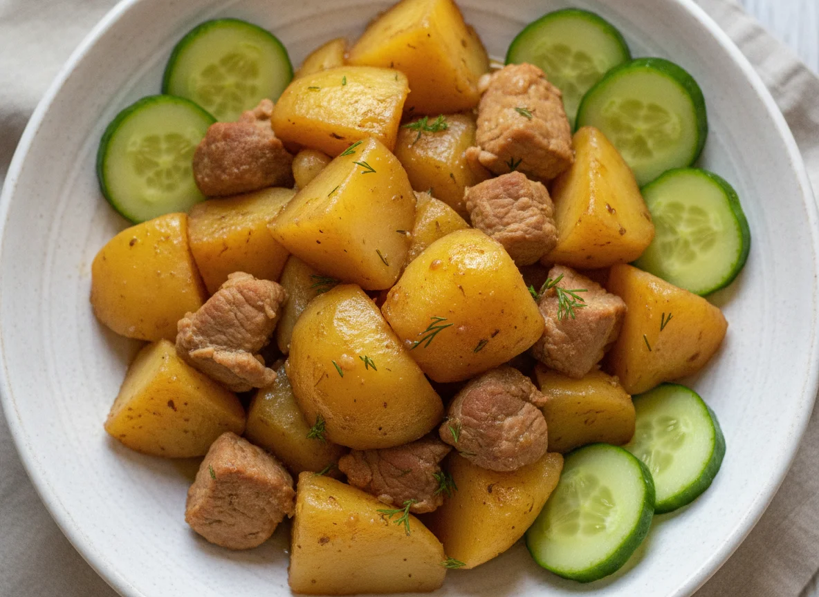 Тушеная картошка с мясом и свежими огурцами photo