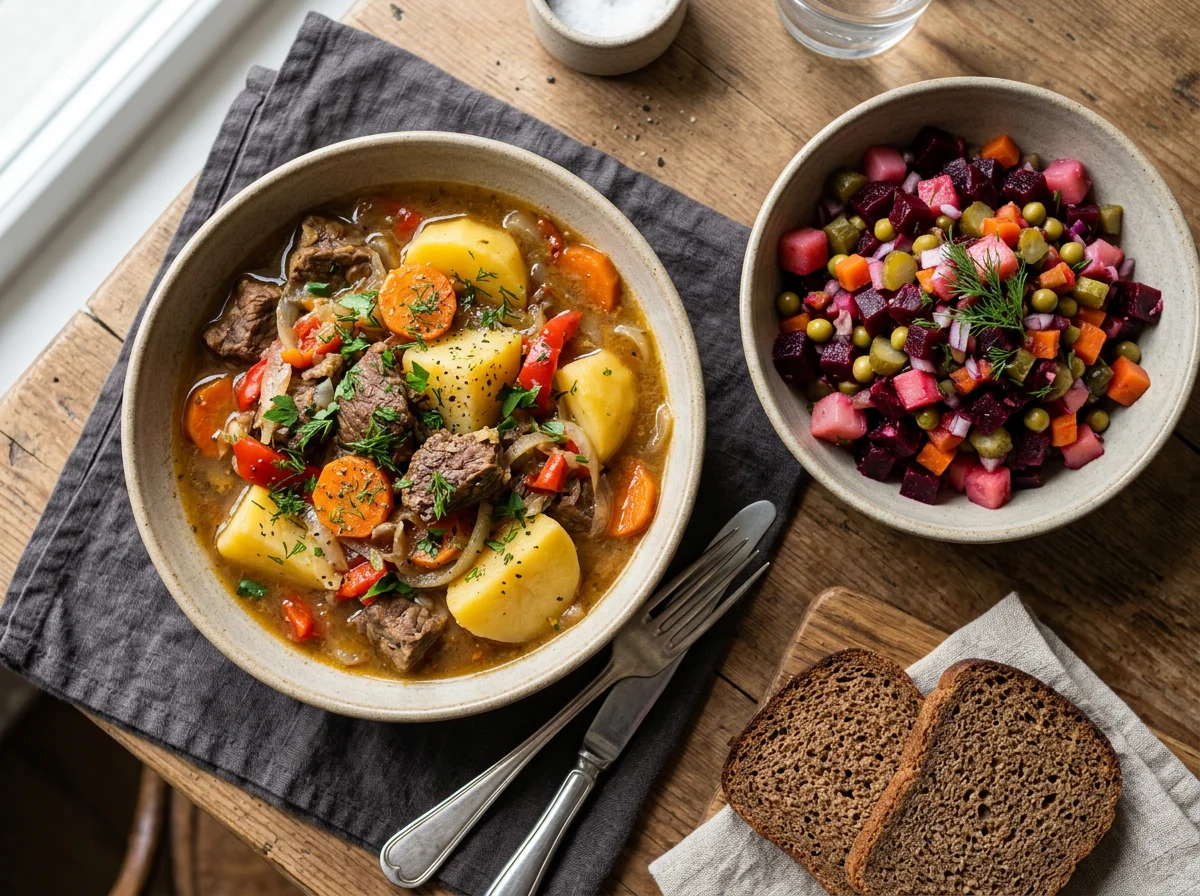 Тушеная картошка с мясом и винегрет photo