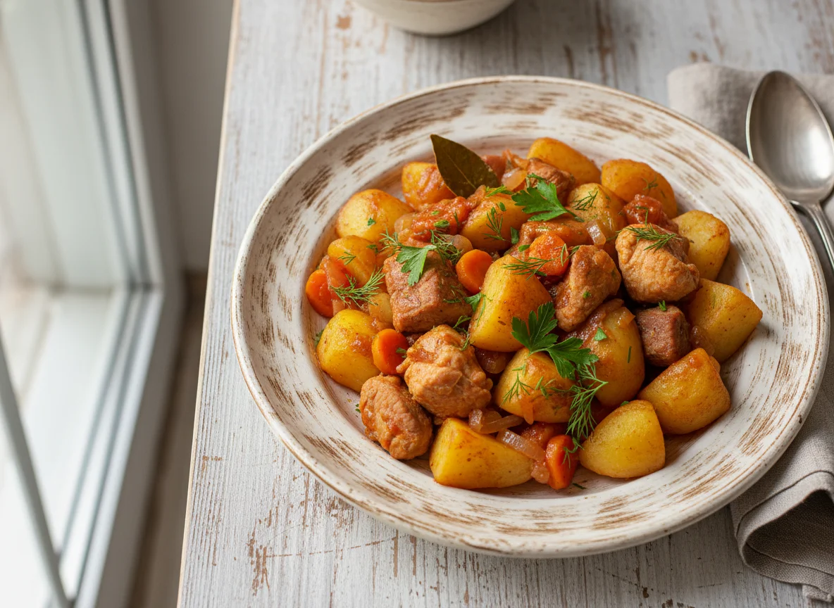 Тушеная картошка с овощами и мясом photo