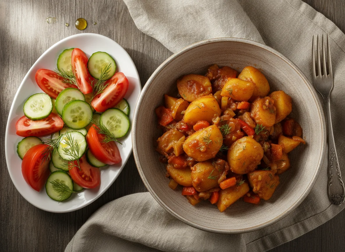 Тушеная картошка с овощами и свежим салатом photo