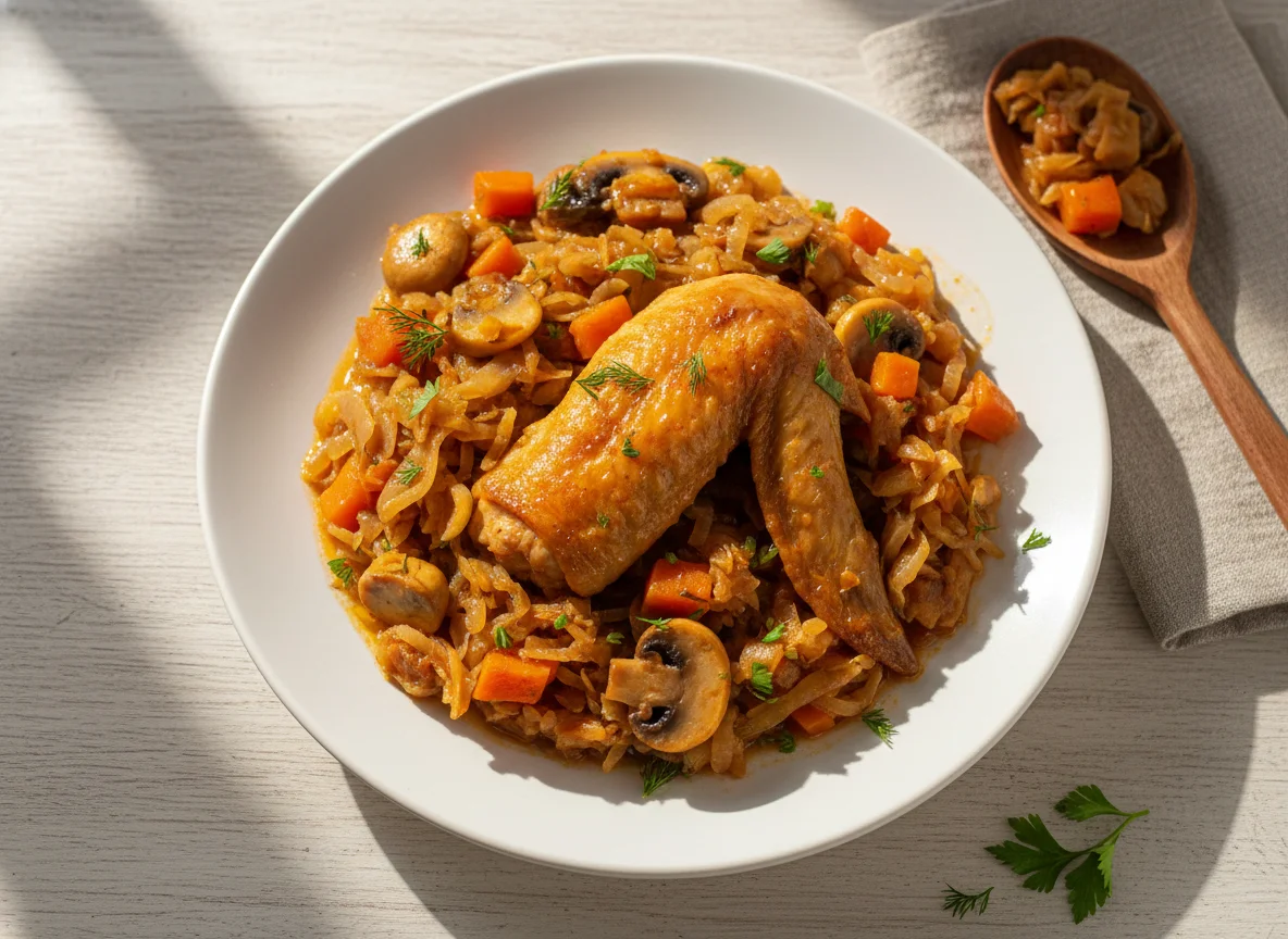 Тушеная курица с капустой и грибами photo