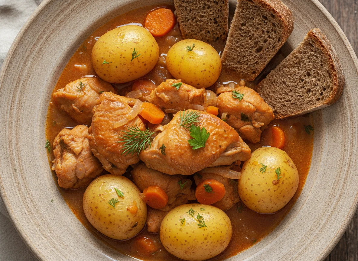 Тушеная курица с картофелем и ржаным хлебом photo