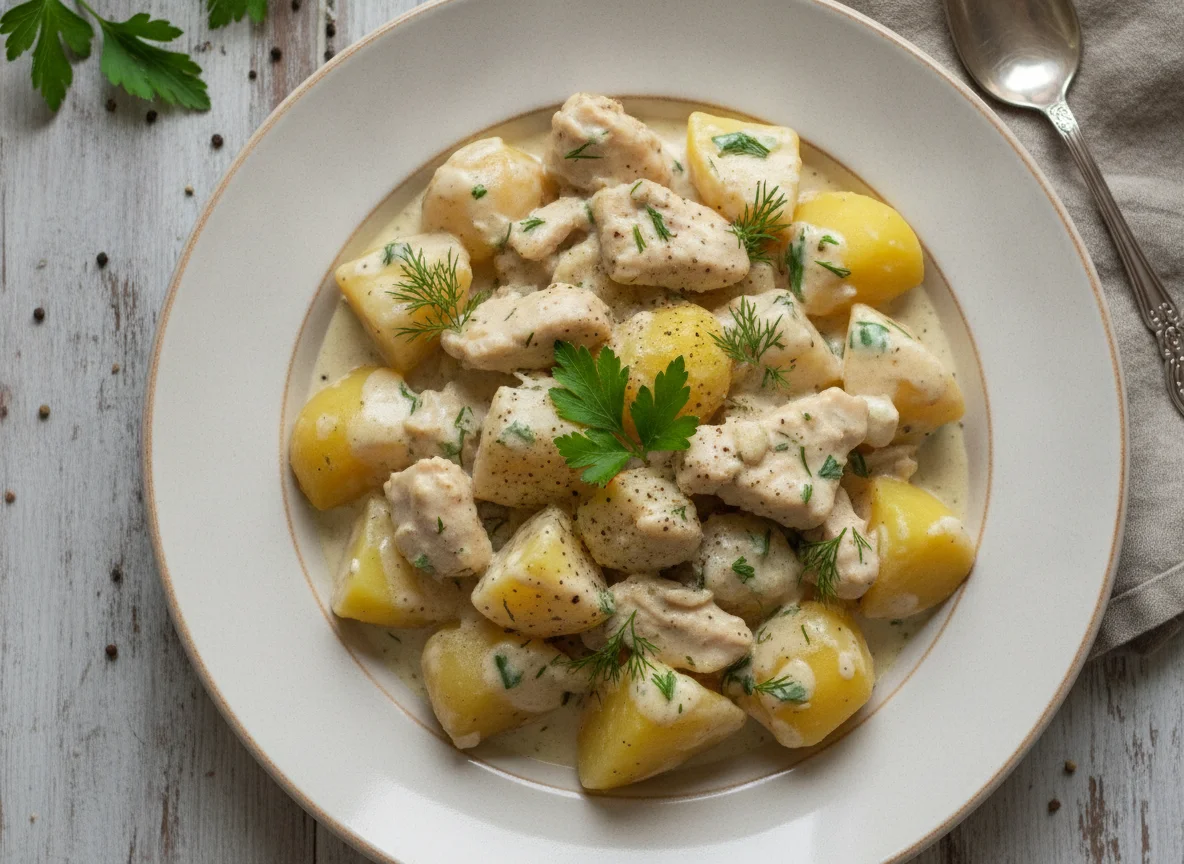 Тушеная курица с картофелем в сливочном соусе photo