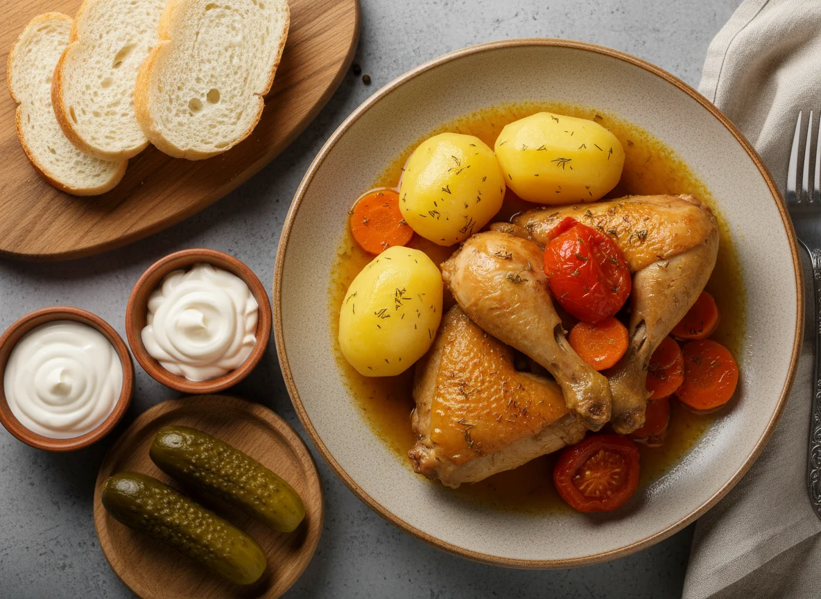 Тушеная курица с овощами и гарниром photo