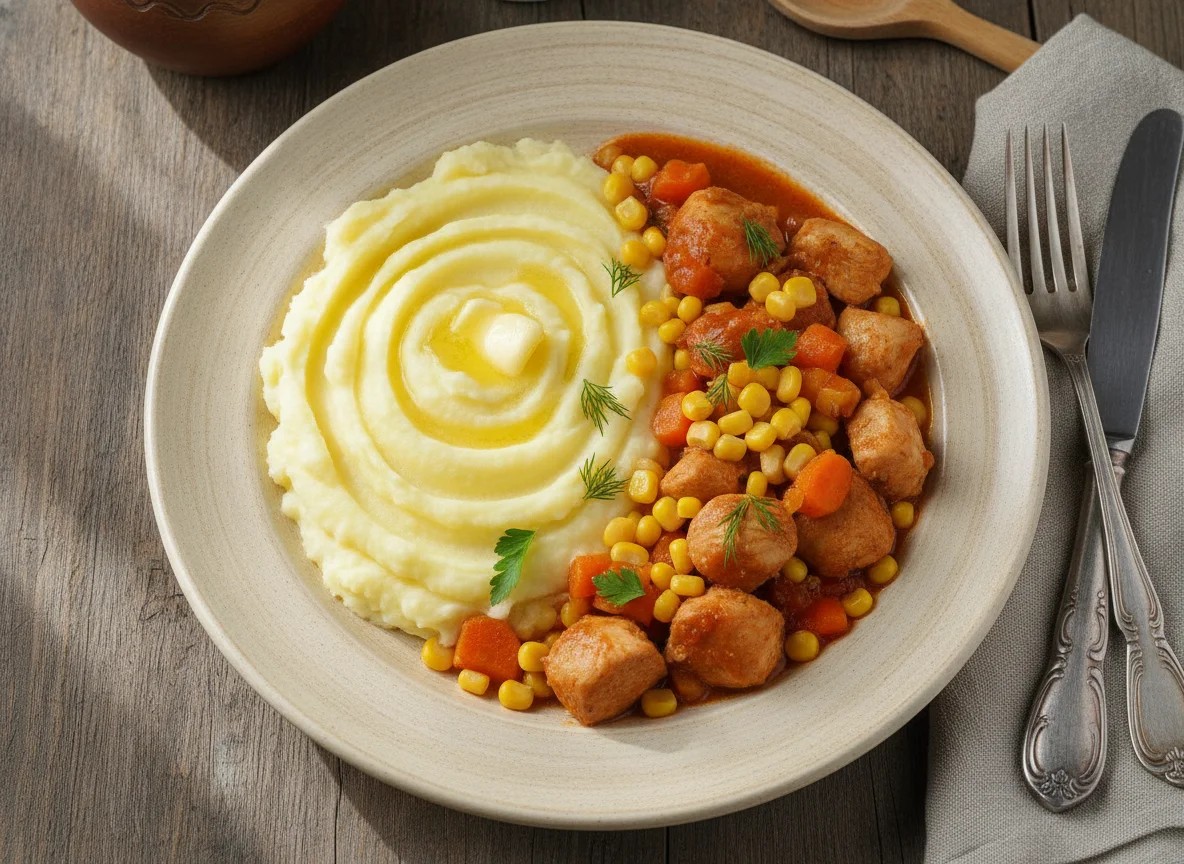 Тушеная курица с овощами и картофельным пюре photo