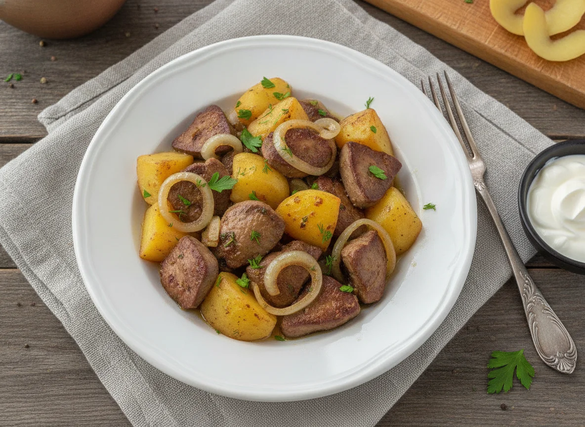Тушеная куриная печень с картофелем photo