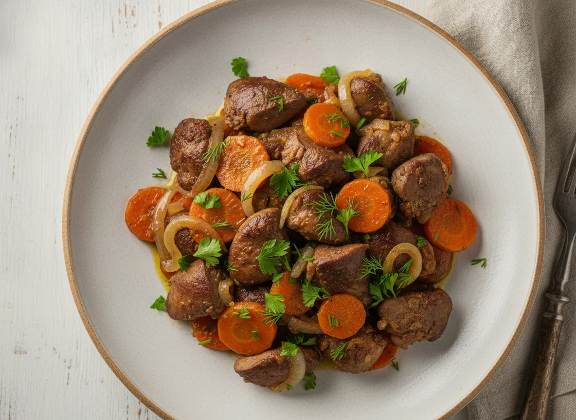 Тушеная куриная печень с овощами photo