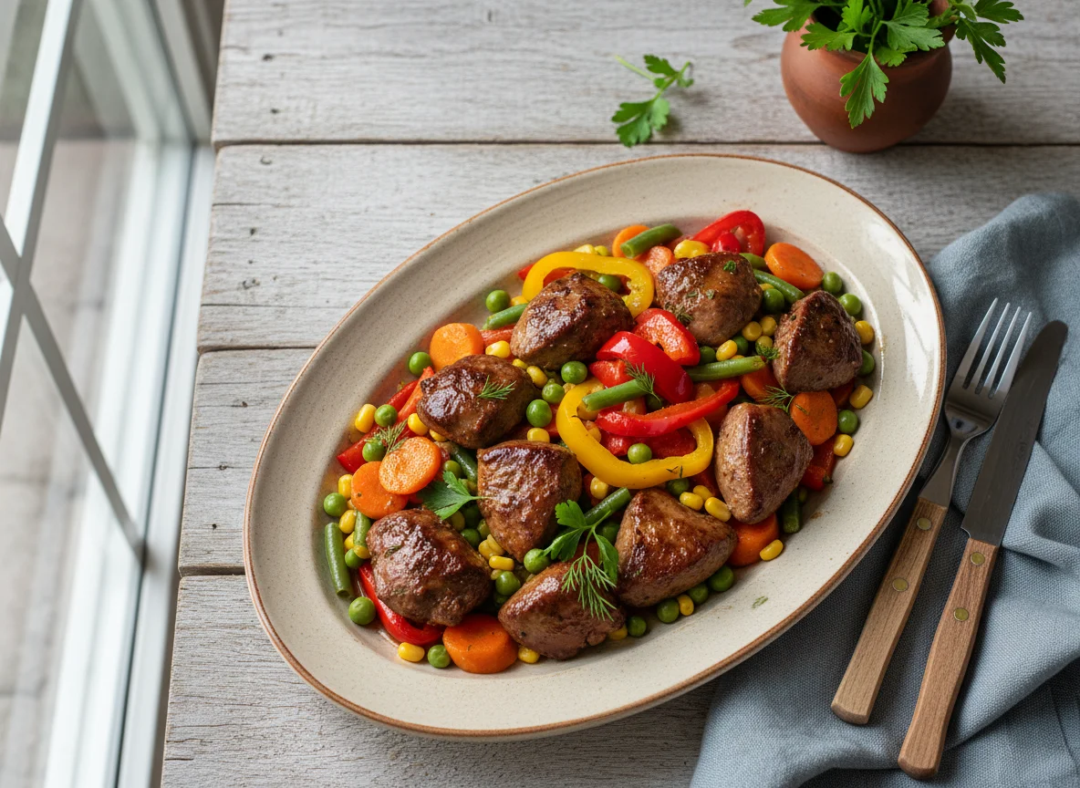 Тушеная куриная печень с овощным гарниром photo