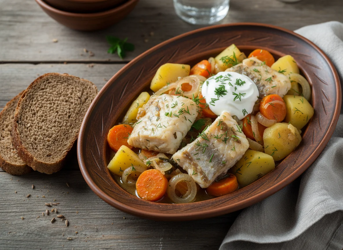 Тушеная рыба с картофелем и овощами photo
