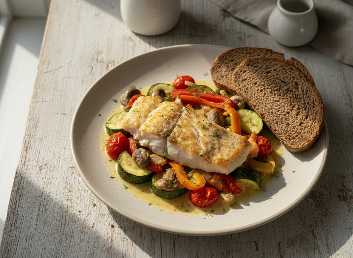 Тушеная рыба с овощами и хлебом photo