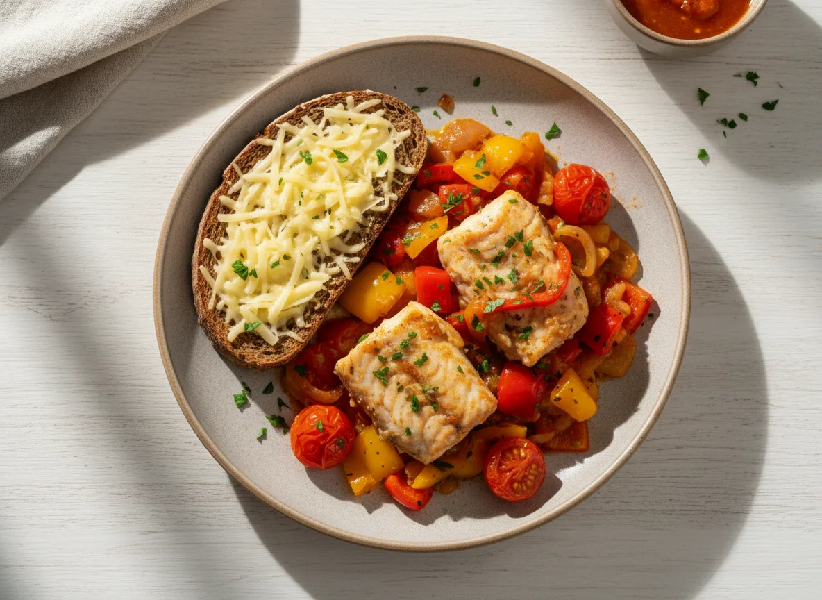 Тушеная рыба с овощами и хлебом с сыром photo