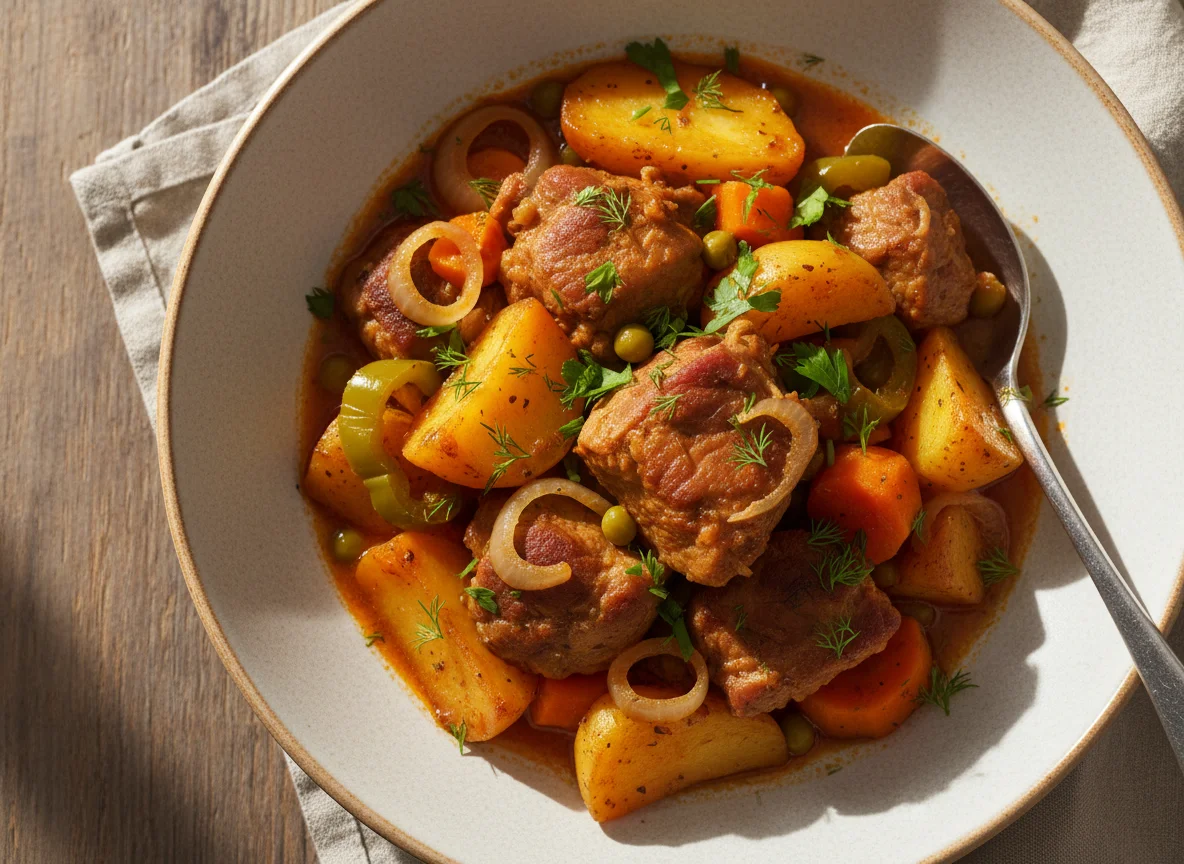 Тушеная свинина с картофелем и овощами photo