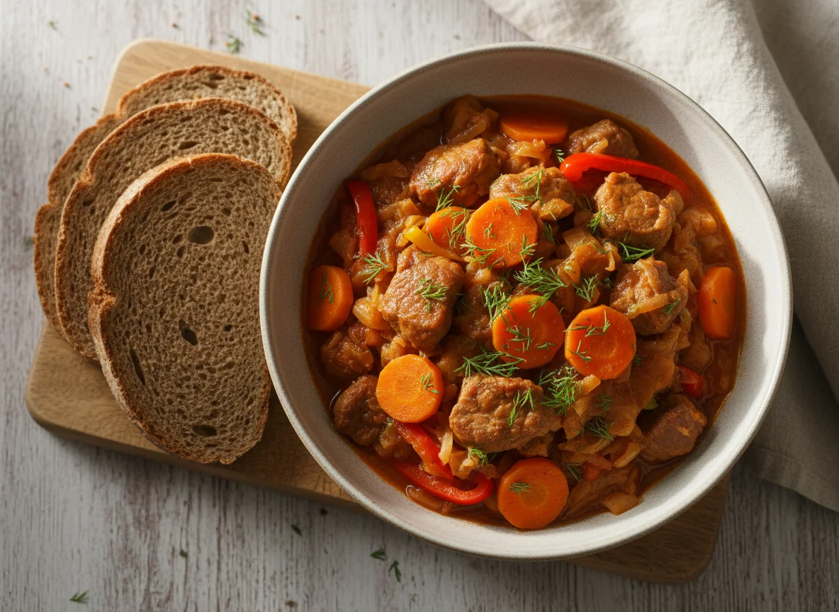 Тушеная свинина с овощами и хлебом photo