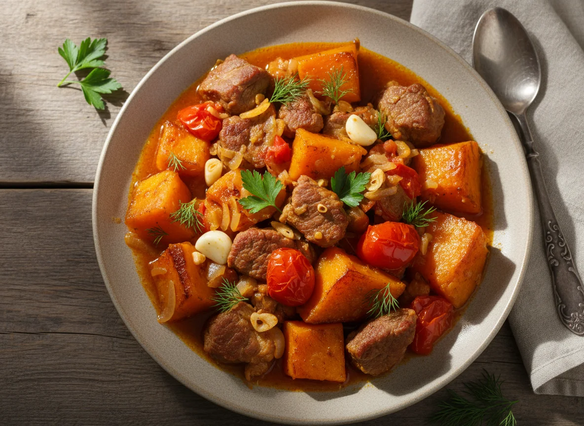 Тушеная тыква с мясом photo