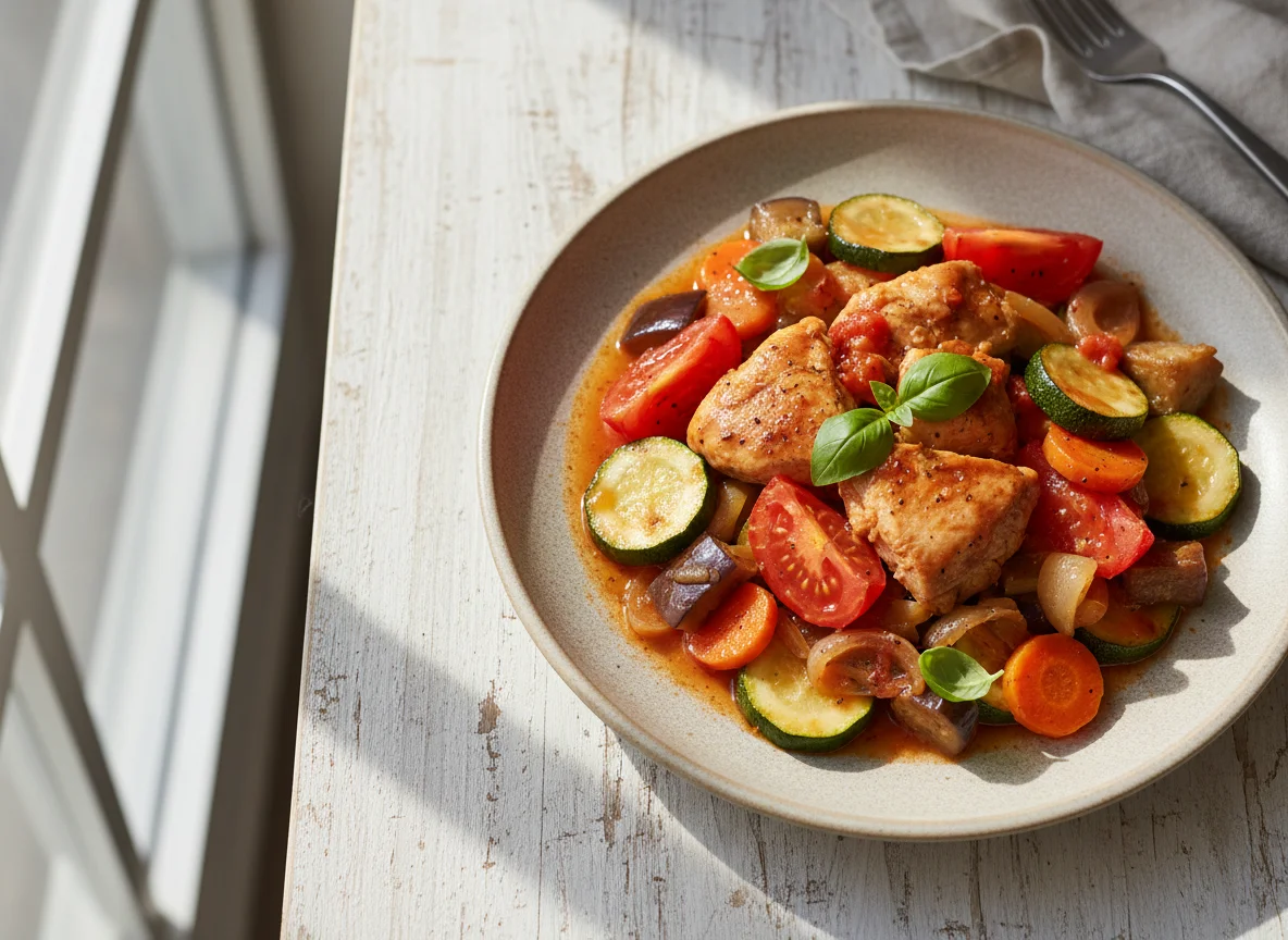 Тушеное куриное филе с овощами photo