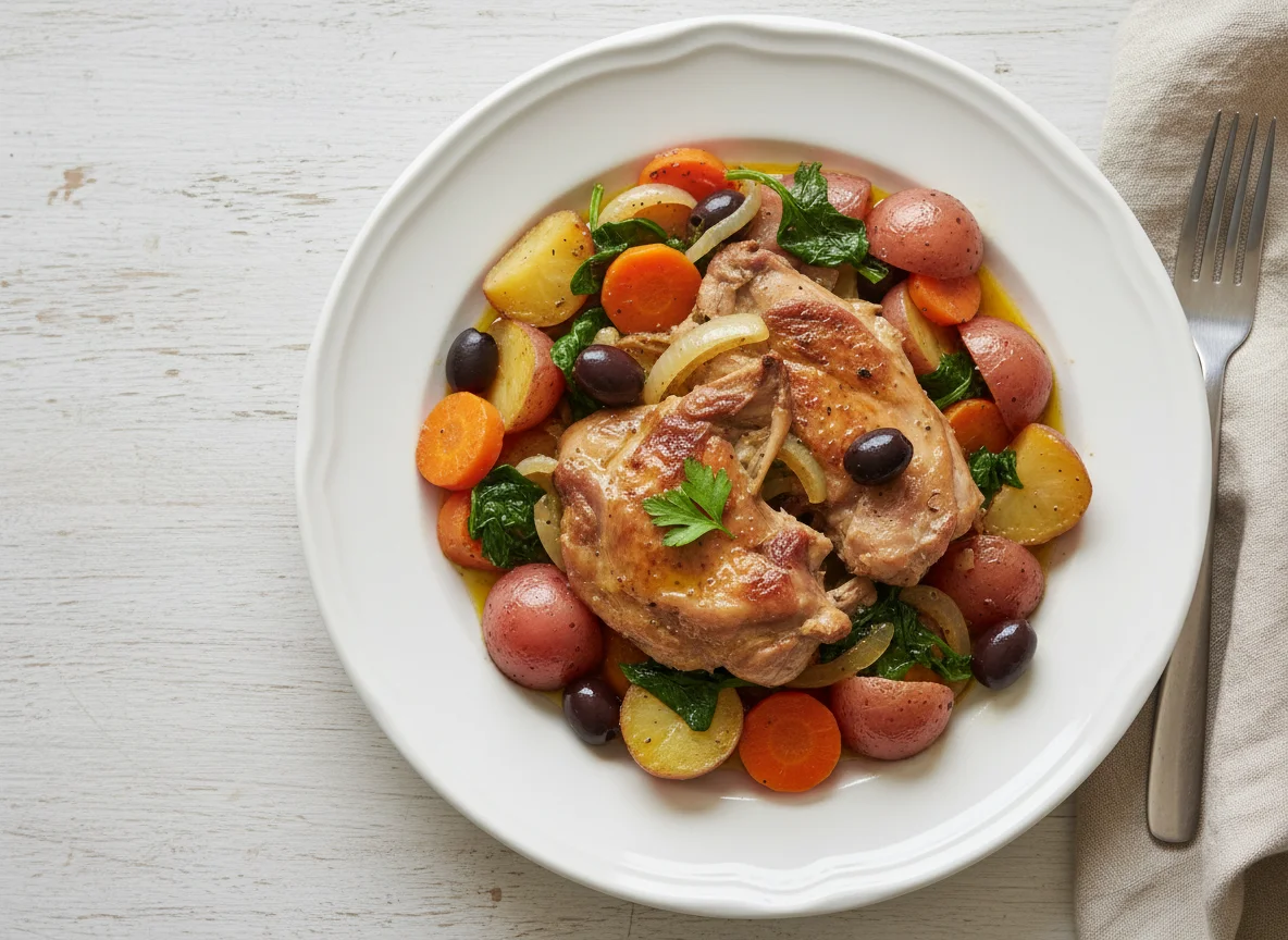 Тушеное мясо кролика с овощами и оливками photo