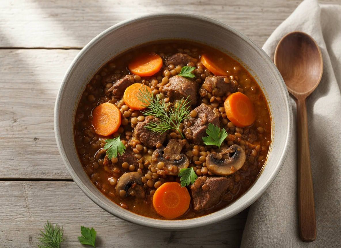 Тушеное мясо с чечевицей и овощами photo