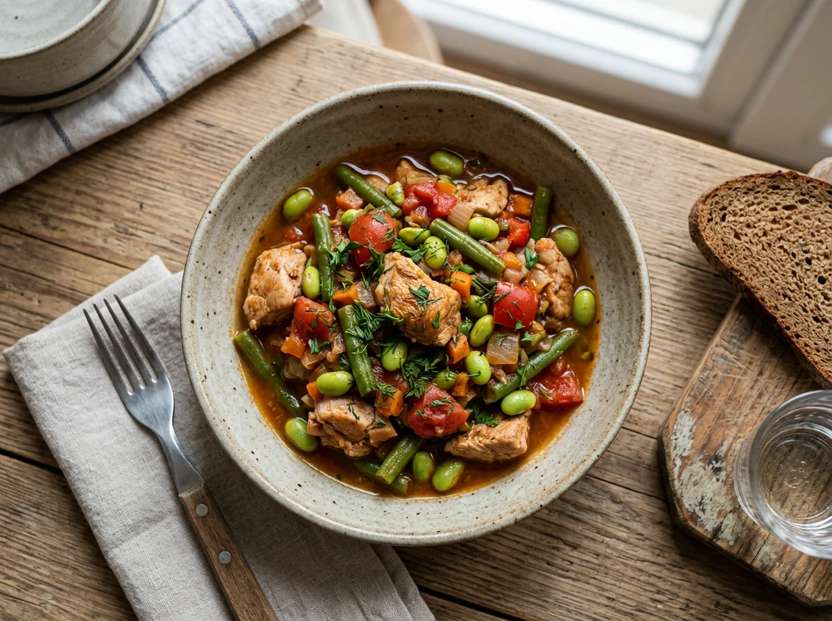 Тушеное мясо с фасолью и овощами photo