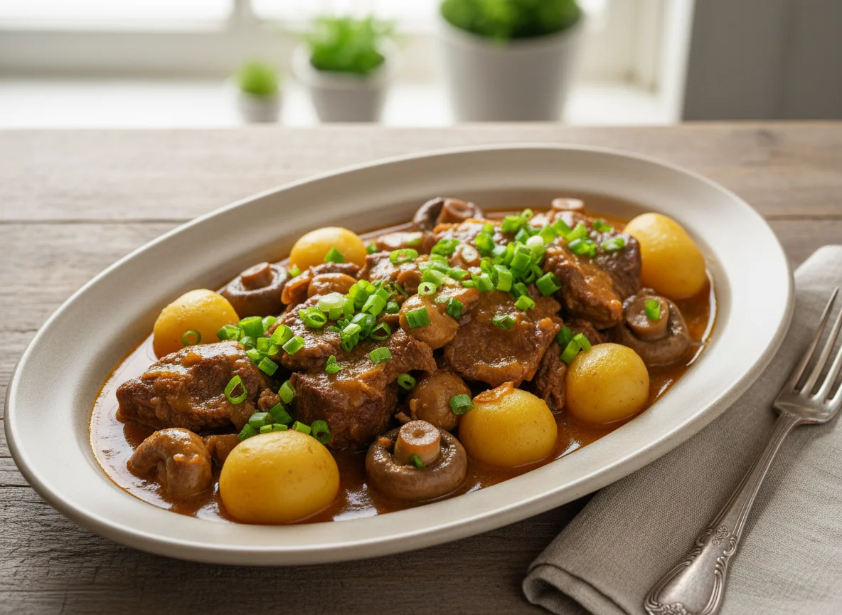 Тушеное мясо с грибами и картофелем photo