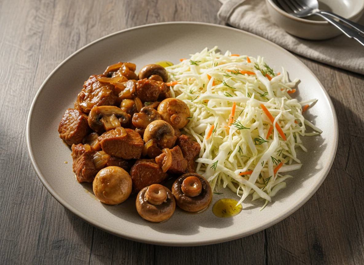 Тушеное мясо с грибами и салат из капусты photo
