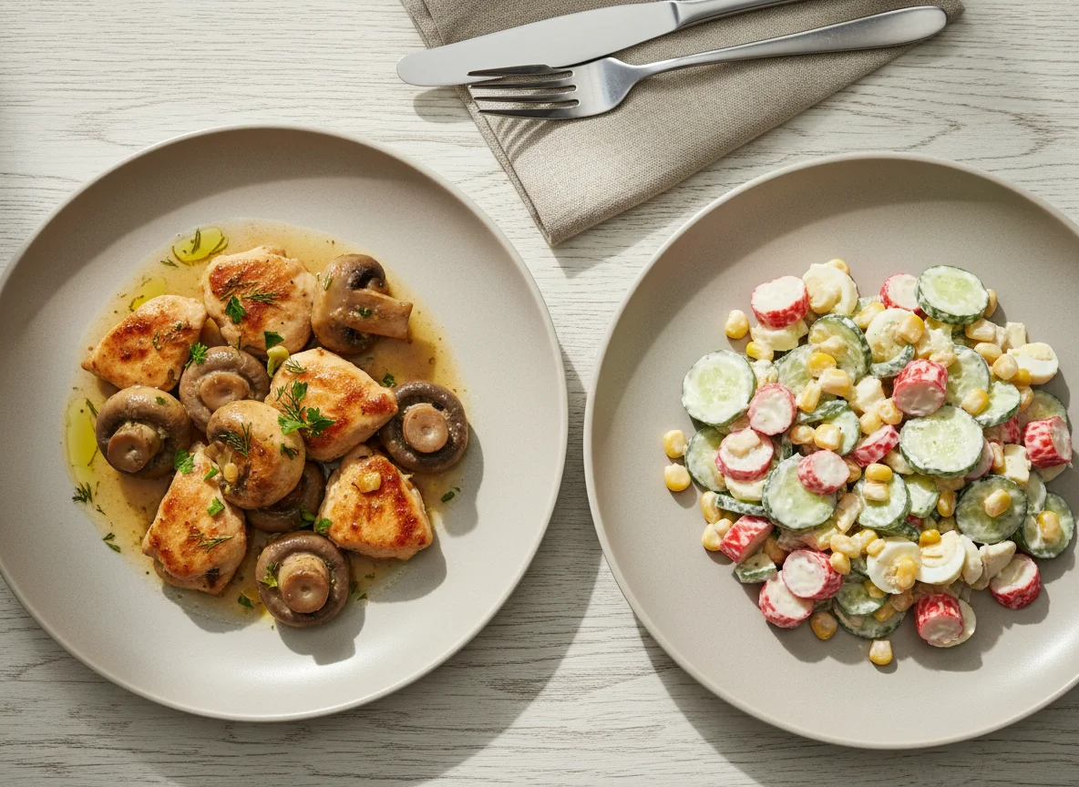 Тушеное мясо с грибами и салат с крабовыми палочками photo