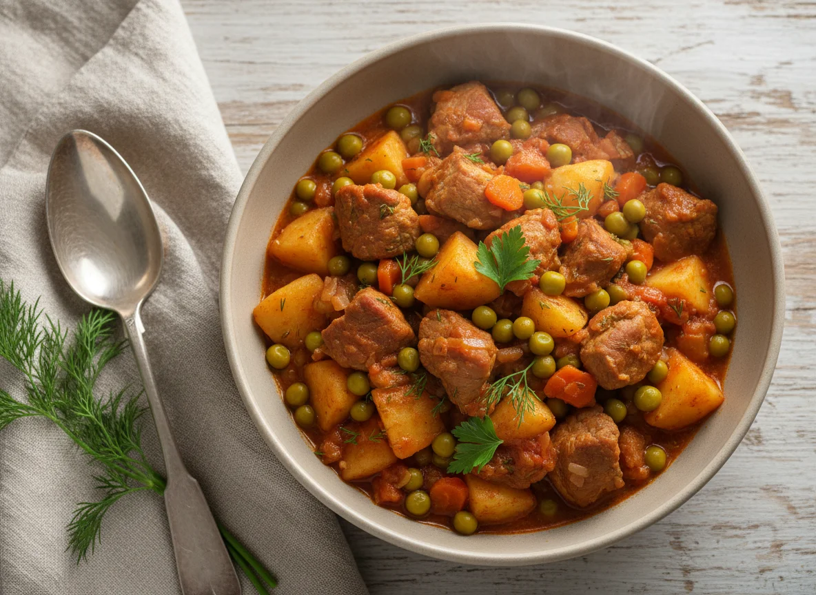 Тушеное мясо с картофелем и горошком photo