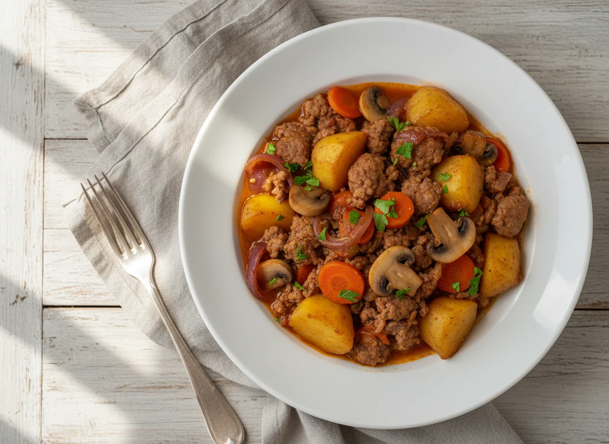 Тушеное мясо с картофелем и грибами photo