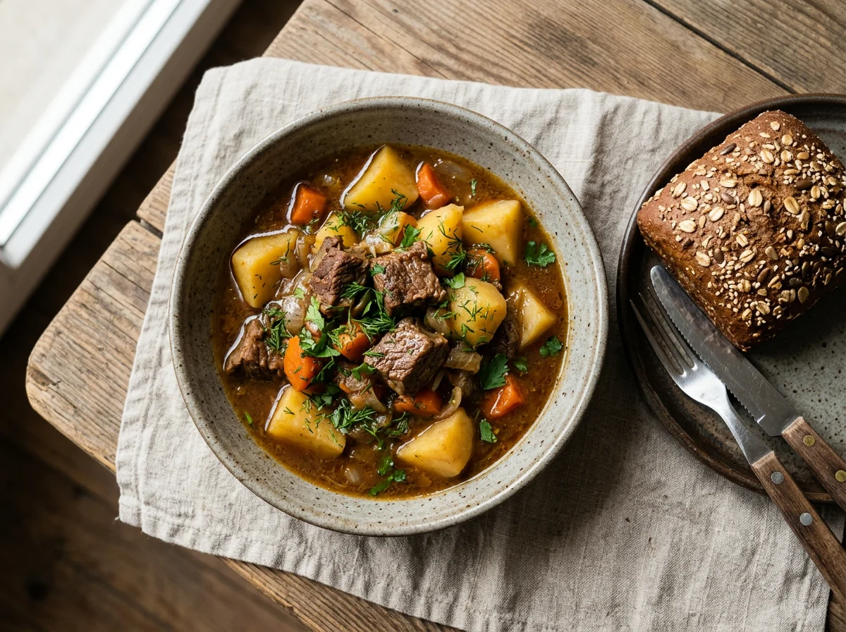 Тушеное мясо с картофелем и морковью с цельнозерновой булочкой photo