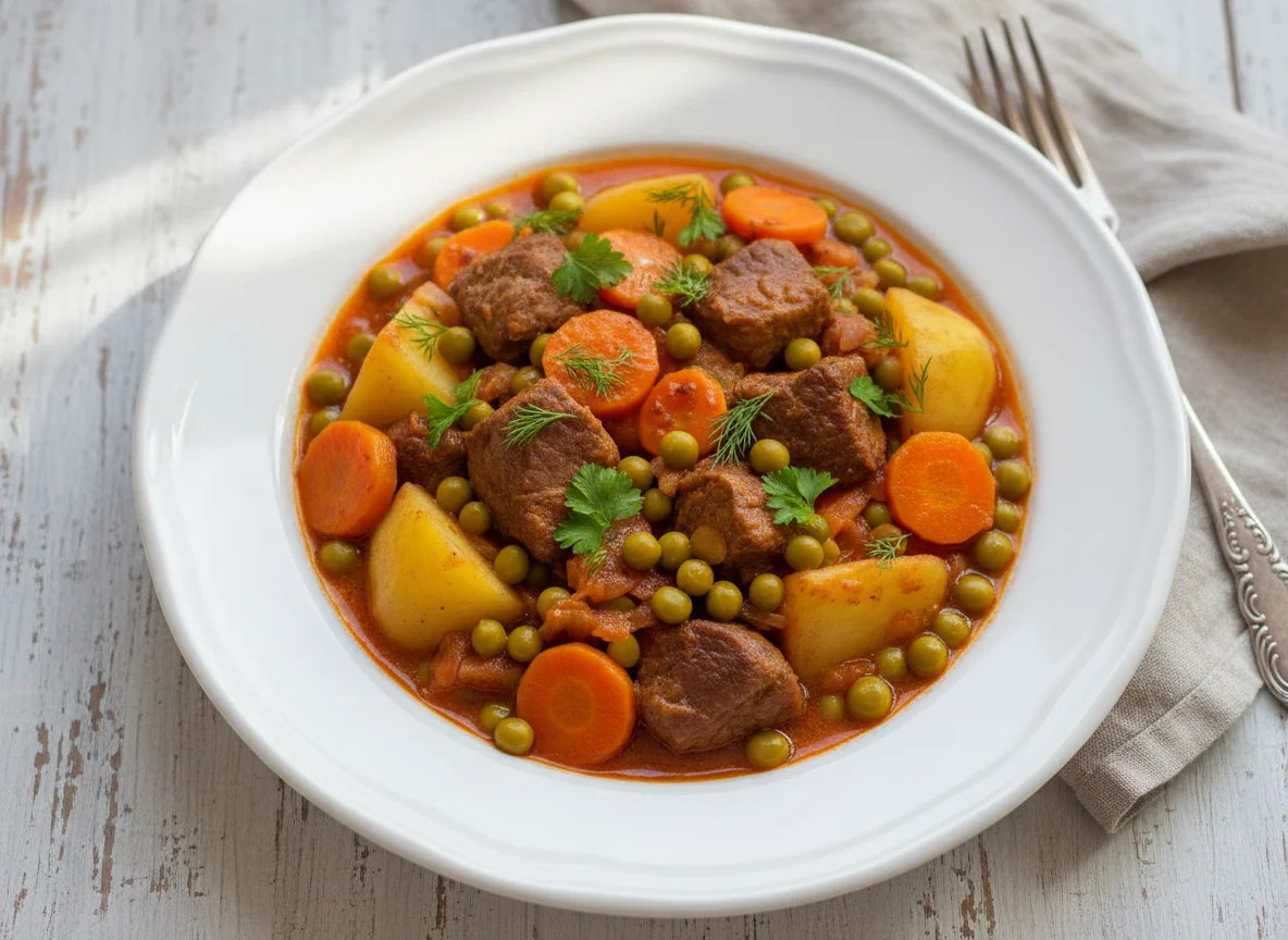 Тушеное мясо с картофелем и овощами photo