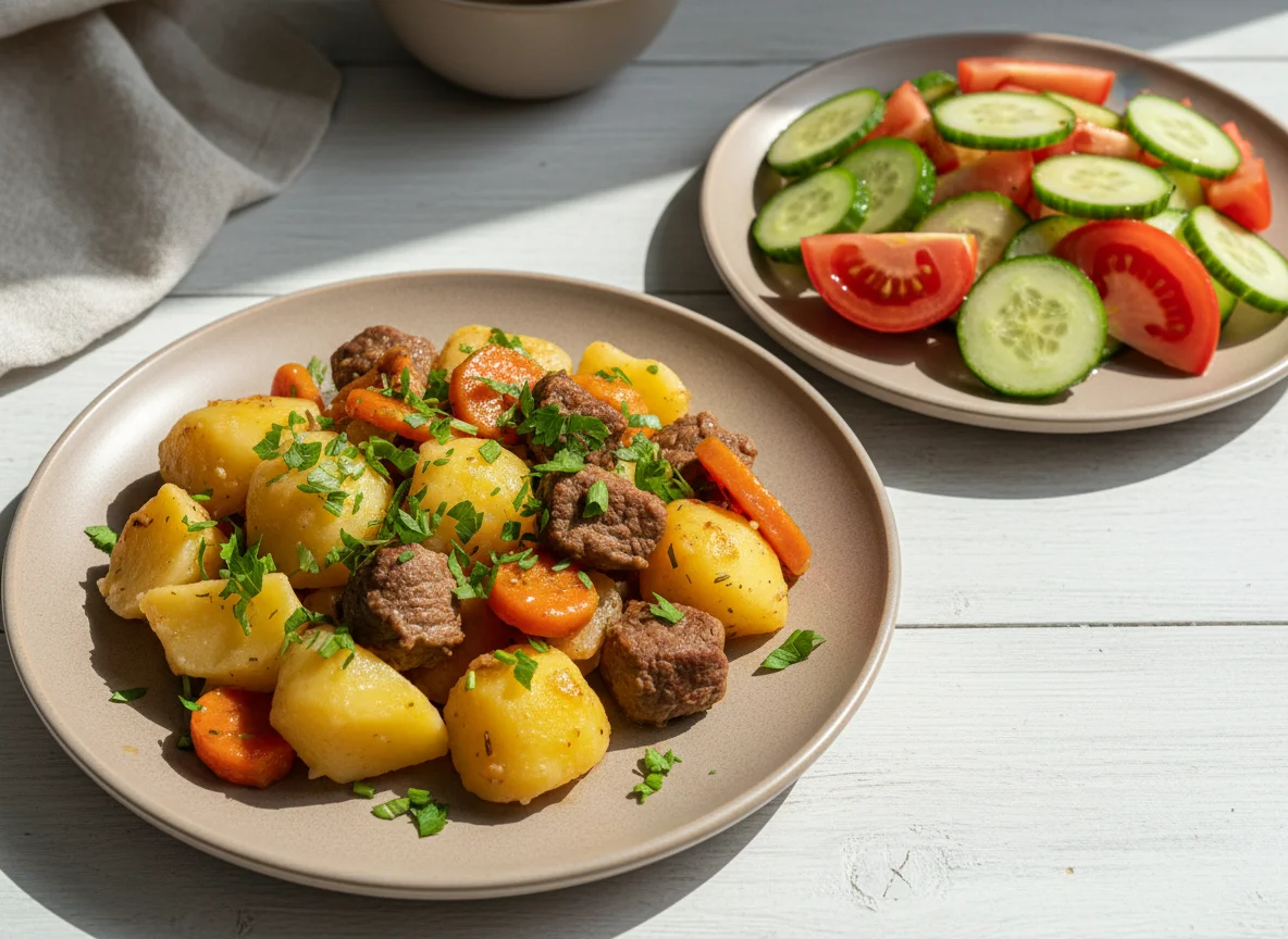 Тушеное мясо с картофелем и овощной салат photo