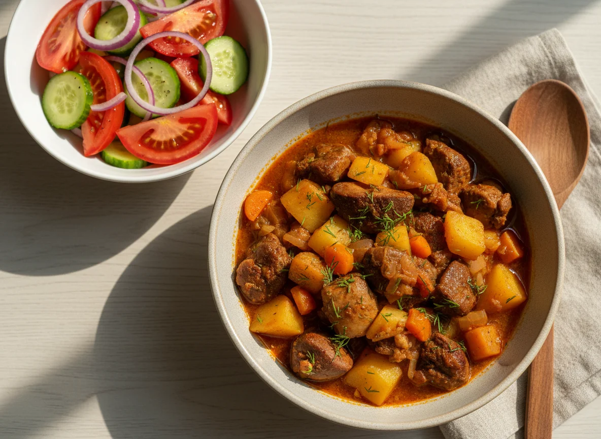 Тушеное мясо с картофелем и овощным салатом photo