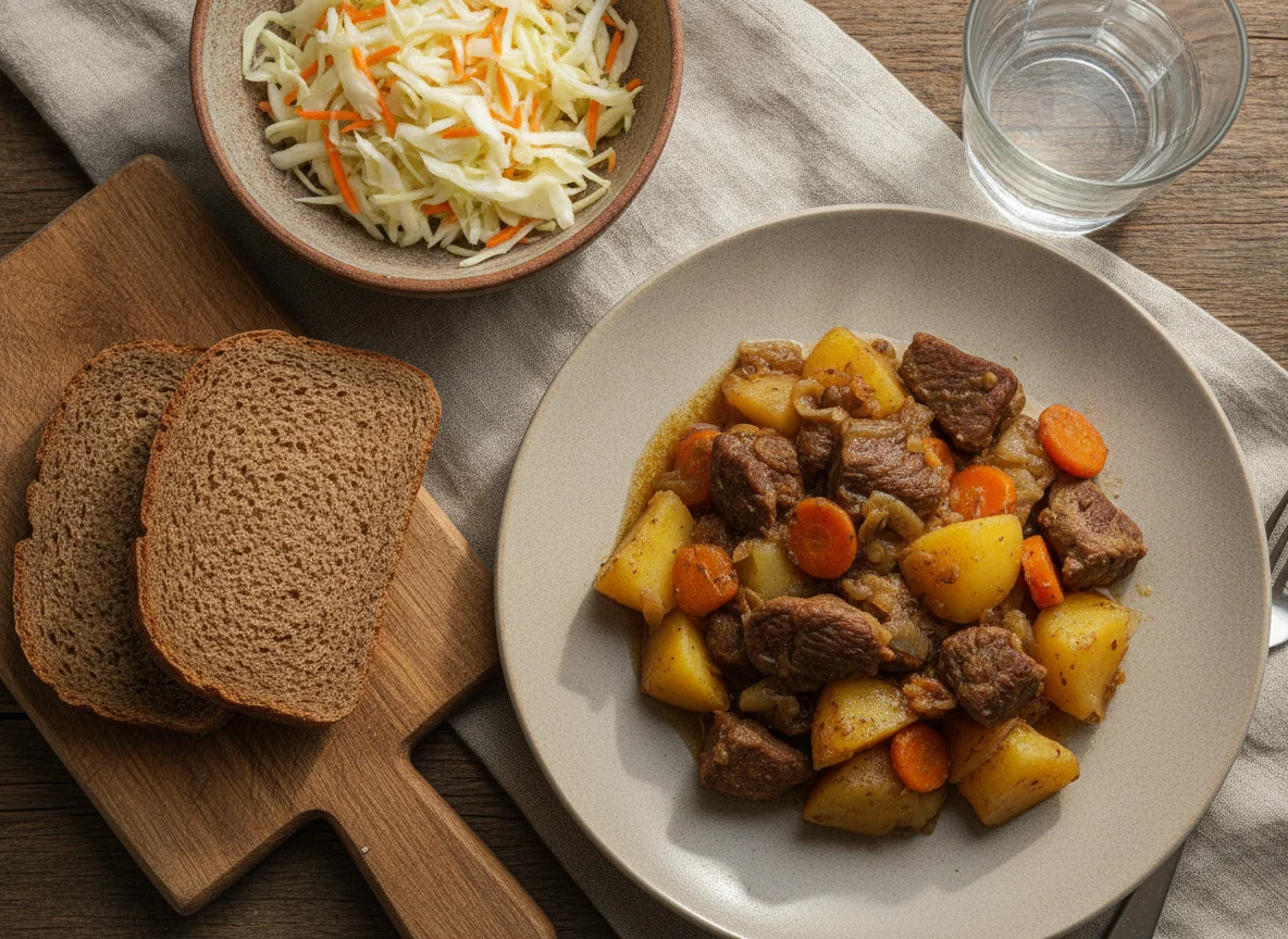 Тушеное мясо с картофелем и салат из капусты photo